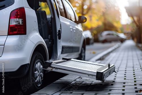 Wheelchair accessible minivan is parked on a city street, with its ramp extended for easy access