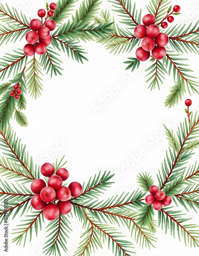 Watercolor round christmas frame with fir branches berry leaves plant herb winter flora isolated on white background. Botanical greenery holiday illustration for wedding invitation card design, vint