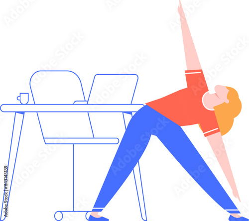 Young businesswoman stretching at her desk, performing a triangle pose variation, promoting workplace wellness and incorporating physical activity into her workday routine