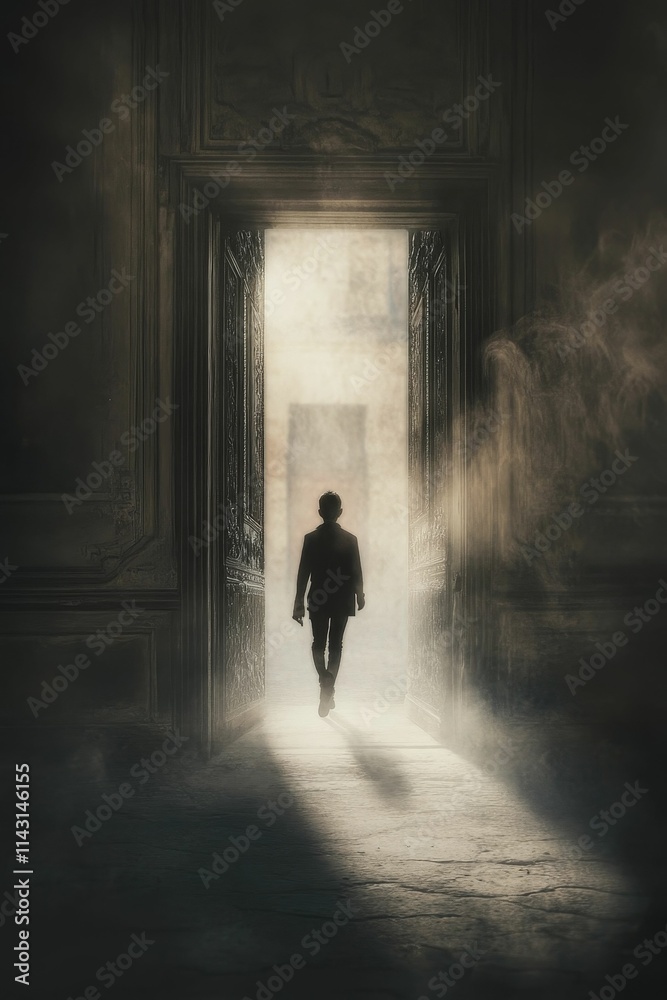 Silhouette walks toward light through ornate doorway. Silhouette walks toward light through ornate doorway.