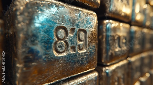 Close-up view of metal ingots with engraved numbers. photo