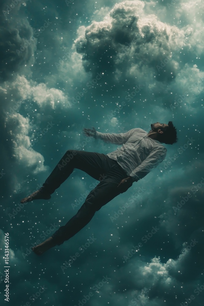 Person floating, clouds, stars, serene, dreamlike. Person floating, clouds, stars, serene, dreamlike.