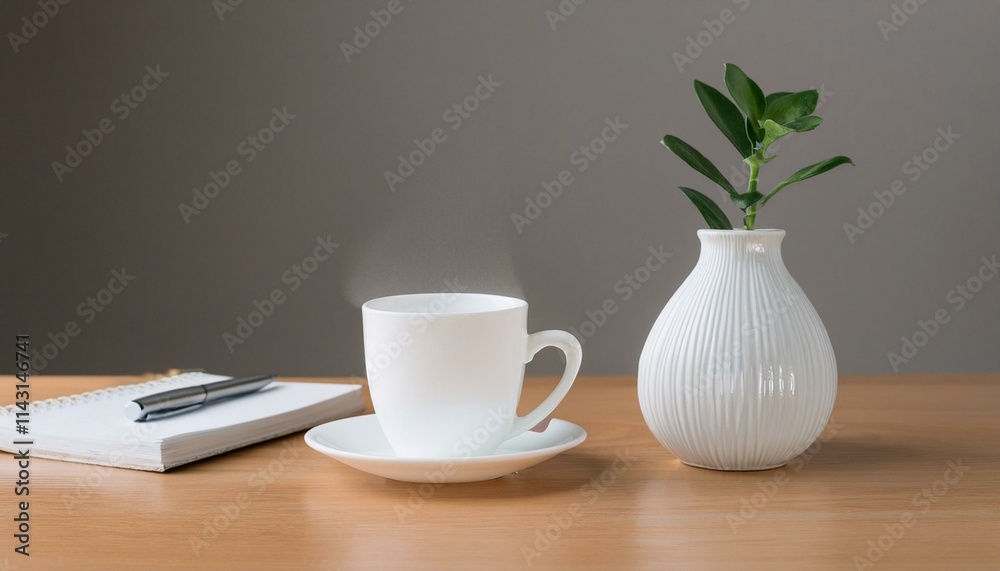 A small decorative vase next to a mug of hot coffee A small decorative vase next to a mug of hot coffee