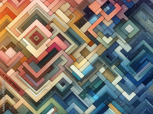 Vibrant abstract composition with interlocking colorful geometric blocks, creating a three-dimensional effect with warm and cool tones, resembling a modern cityscape or maze-like structure