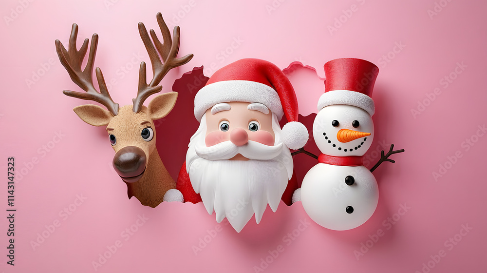 3d santa claus, reindeer, and snowman Peeking through pink background 3d santa claus, reindeer, and snowman Peeking through pink background