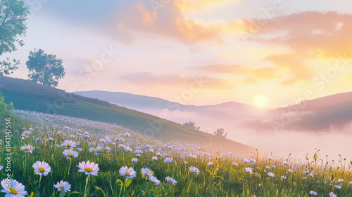 A tranquil meadow featuring rolling hills adorned with blooming daisies, soft morning mist rising, and the warm glow of the sunrise creating a peaceful and picturesque scene.
 photo