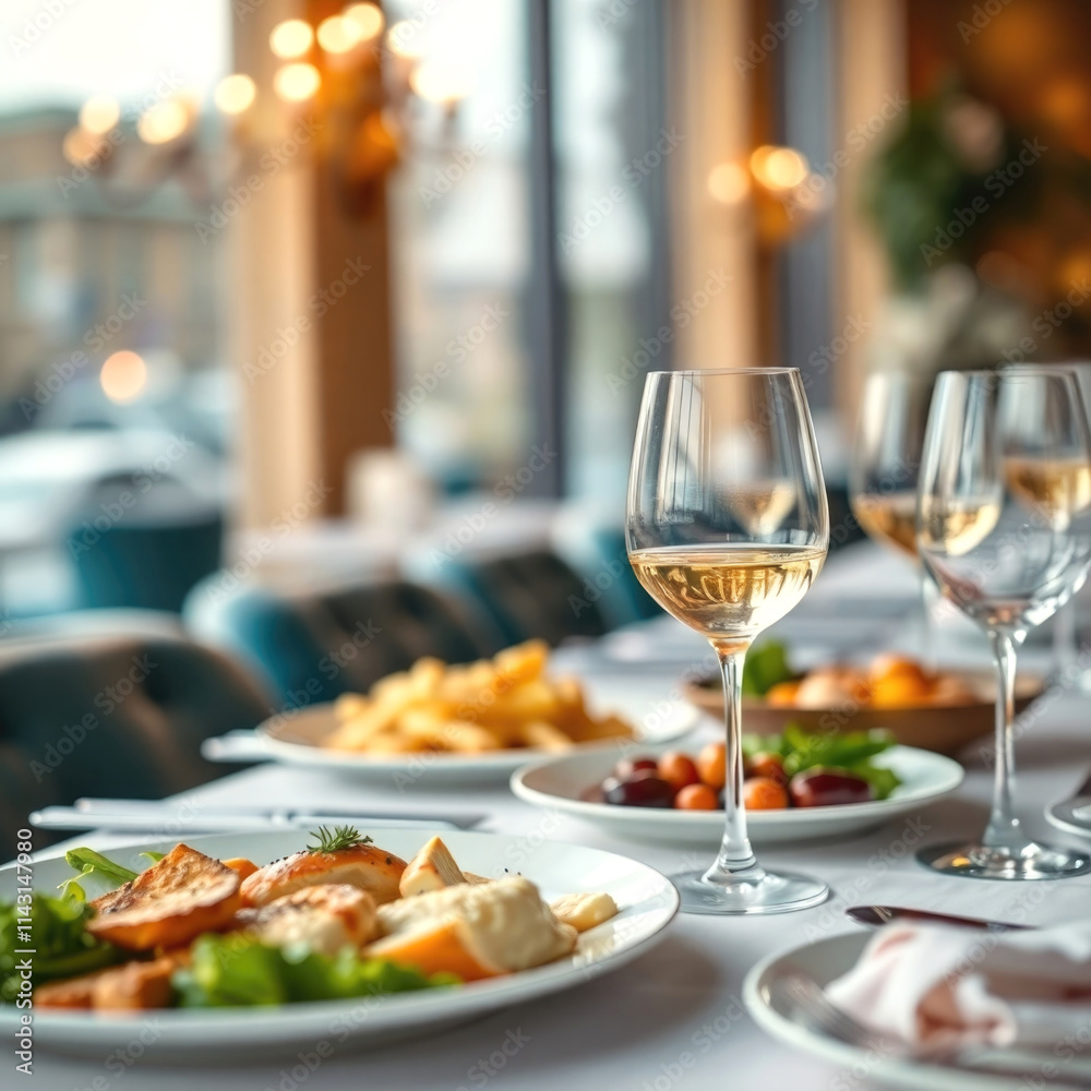 Elegant restaurant table setting with glasses of white wine and gourmet dishes Elegant restaurant table setting with glasses of white wine and gourmet dishes