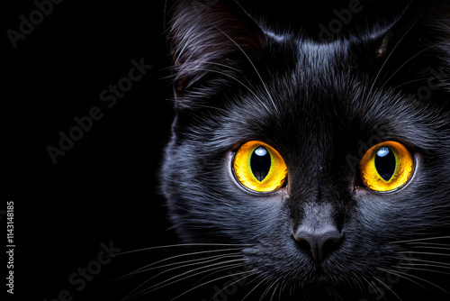 A black cat with yellow eyes looking at the camera photo