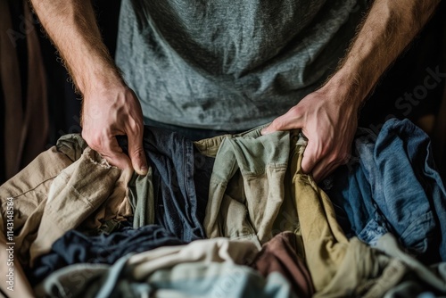 Person sorting a pile of multicolored clothes.