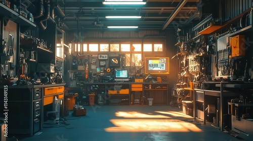 A serene workshop where glowing visuals demonstrate the capabilities of IoTconnected tools, sunlight highlighting the setup photo