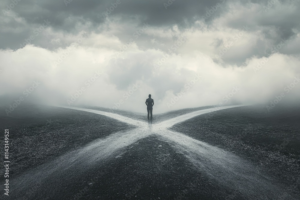 Person stands at foggy crossroads, uncertain path ahead. Person stands at foggy crossroads, uncertain path ahead.