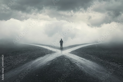 Person stands at foggy crossroads, uncertain path ahead. photo