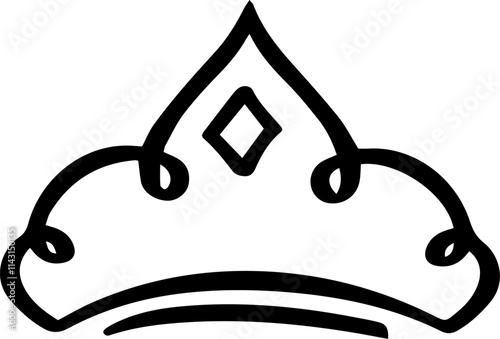 Simple, hand drawn crown featuring a diamond shaped centerpiece and elegant swirls, symbolizing royalty, power, and authority in a minimalist style