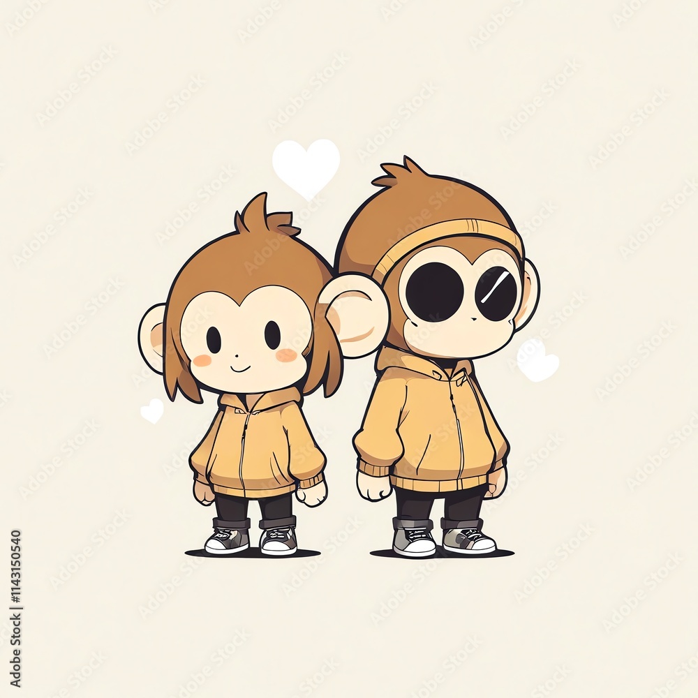 Adorable Monkey Duo in Hoodies: A Sweet Digital Illustration