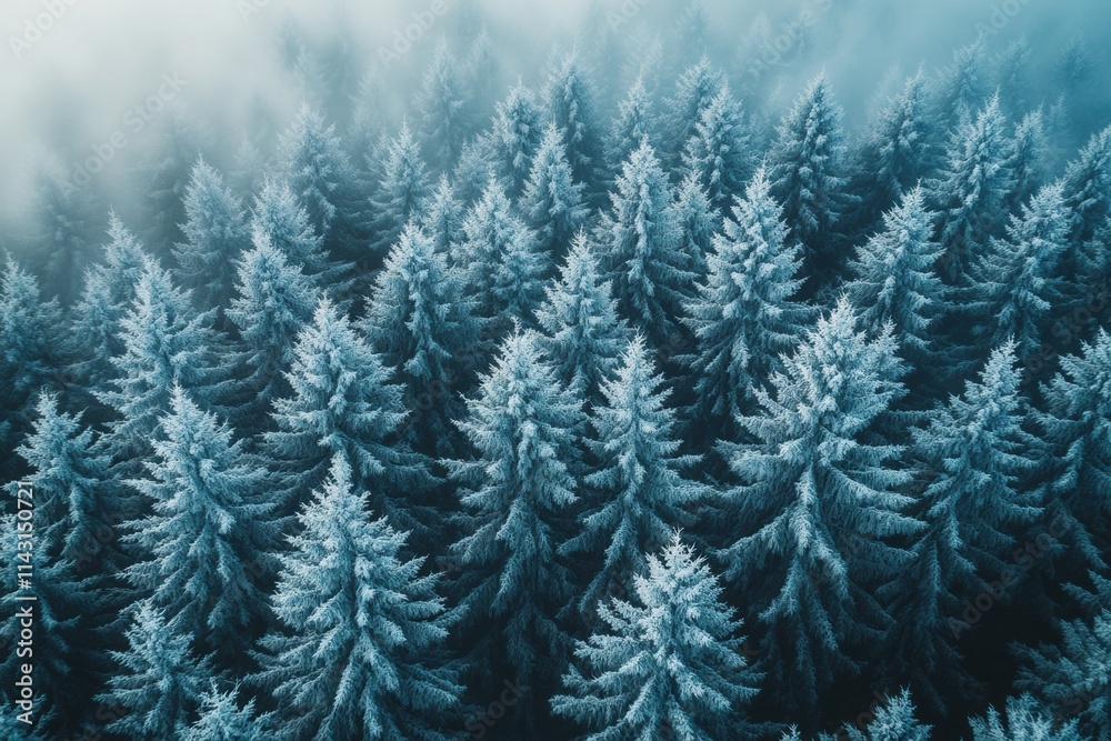 Treetops blanketed in frost create a serene winter landscape viewed from above