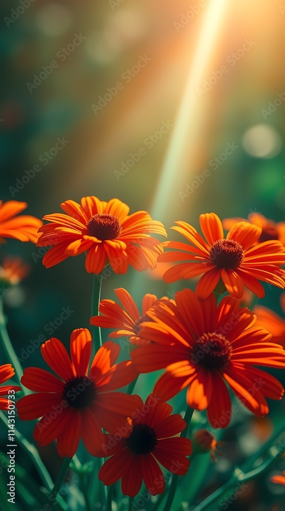 Fototapeta premium flowers basking in sunlight with warm terracotta and cool teal contrasts
