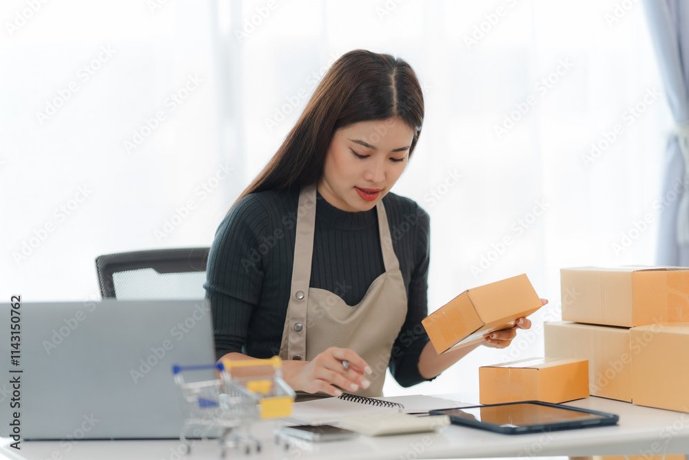 Focused on Fulfillment: A young woman meticulously checks a package while managing her online business, surrounded by the tools of her trade. Focused on Fulfillment: A young woman meticulously checks a package while managing her online business, surrounded by the tools of her trade.