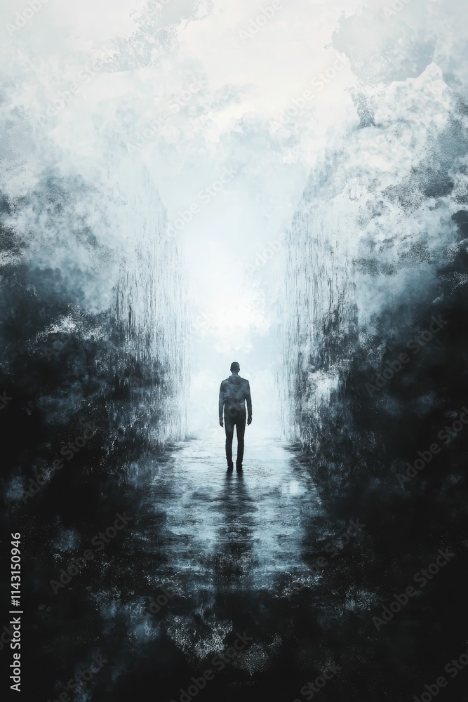 Solitary figure walks toward light between dark, textured walls. Solitary figure walks toward light between dark, textured walls.