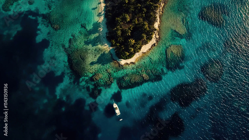 A vibrant aerial view of a tropical island, showcasing lush greenery and sandy beaches surrounded by crystal-clear turquoise water and colorful coral reefs, with a single yacht anchored nearby photo