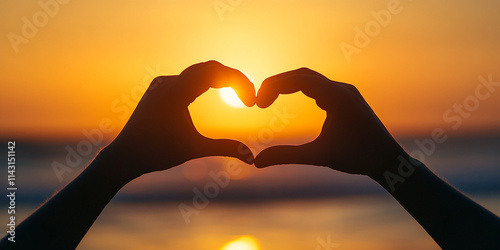 Hands make a heart shape against a sunset at the beach creating a romantic atmosphere. Valentines Day