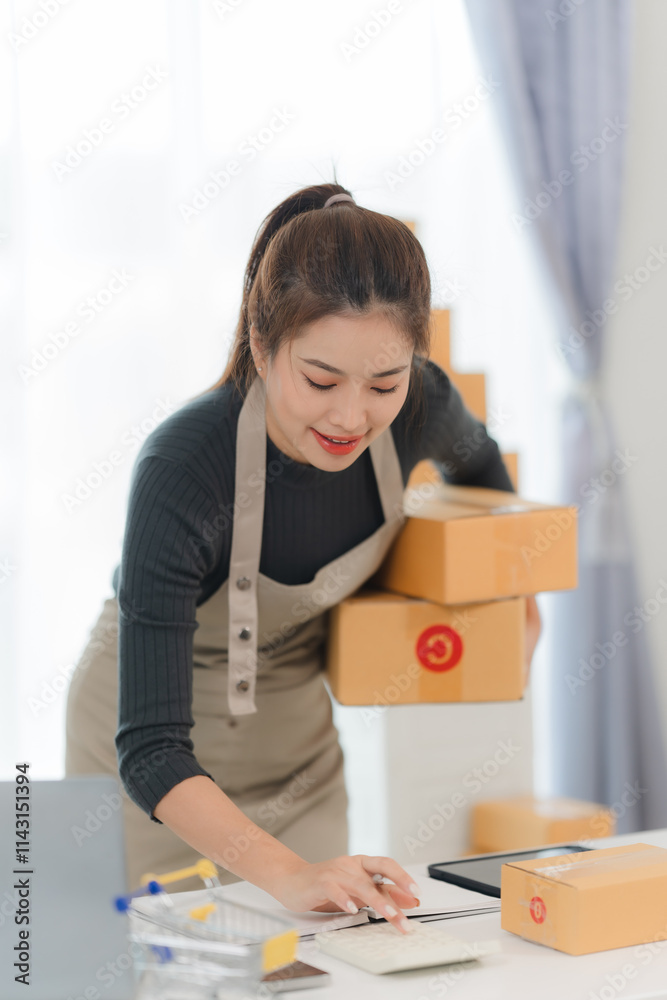 E-commerce Success: A young woman entrepreneur, radiating confidence and joy, manages her online business with stacks of packages around her. She embodies the spirit of hard work, fulfillment. E-commerce Success: A young woman entrepreneur, radiating confidence and joy, manages her online business with stacks of packages around her. She embodies the spirit of hard work, fulfillment.
