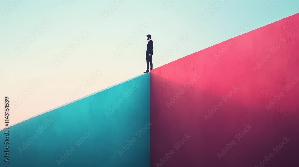 Man stands atop contrasting colored wall. Man stands atop contrasting colored wall.