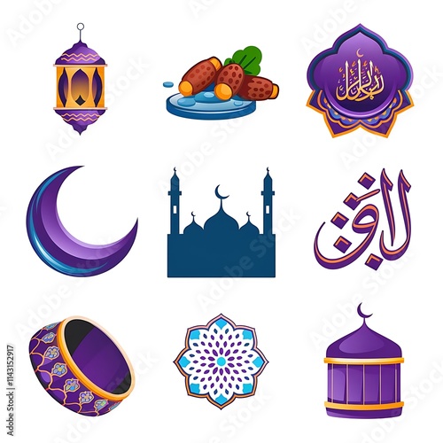 set of vibrant 2D vector icons illustrating Arab culture and folklore items and decorations photo