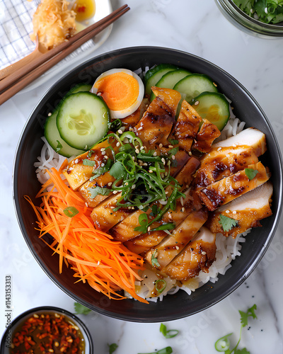 Healthy Rice Noodle Bowl with Carrots, Cucumber, and Grilled Chicken photo