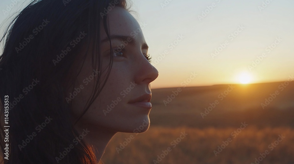 Woman gazing at sunset over golden field. Woman gazing at sunset over golden field.