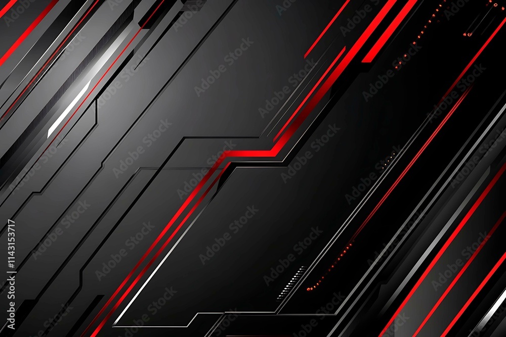 Dynamic technology-inspired abstract background with sharp red, black, and silver lines, creating a sleek and futuristic digital design.