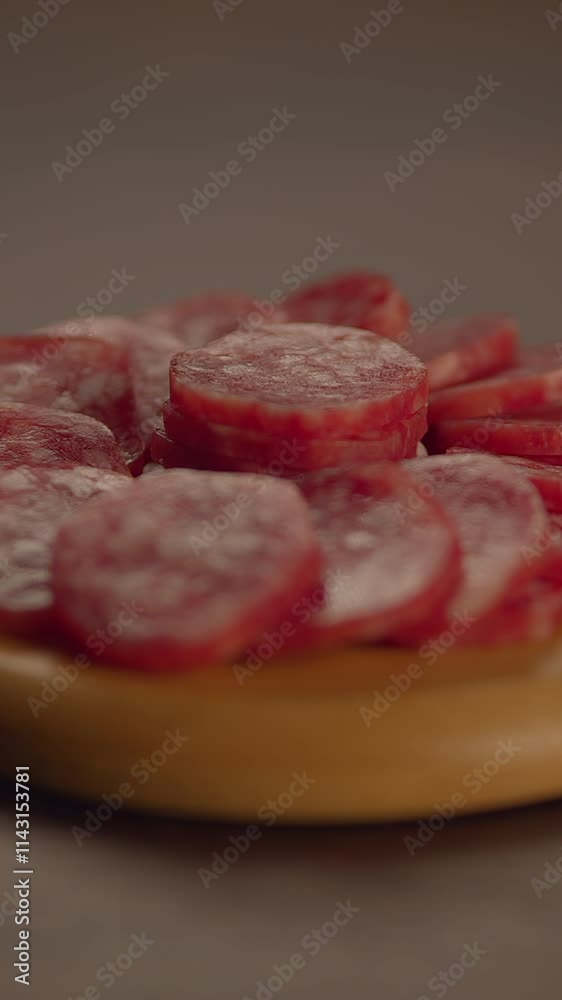 Deliciously sliced sausages beautifully arranged on a wooden plate for culinary use and enjoyment Deliciously sliced sausages beautifully arranged on a wooden plate for culinary use and enjoyment