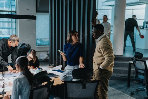 Diverse business team actively brainstorming together in modern office