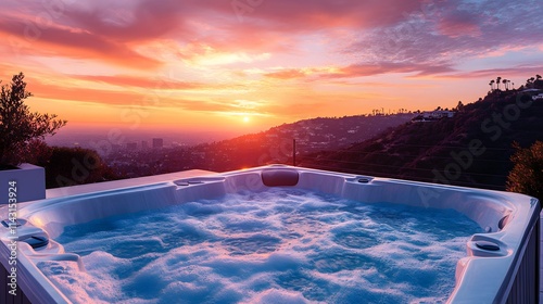 A stunning Hollywood Hills villa with a rooftop infinity jacuzzi overlooking a vibrant sunset over Los Angeles. photo