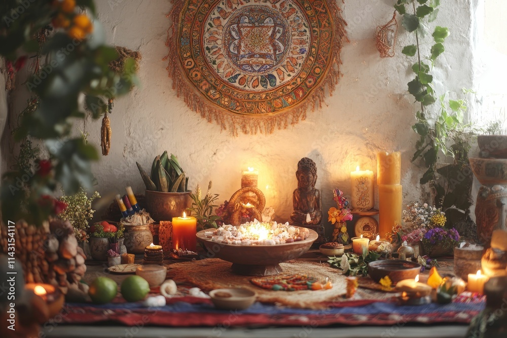 Fototapeta premium Candles, plants, and figurines on a ritual table.