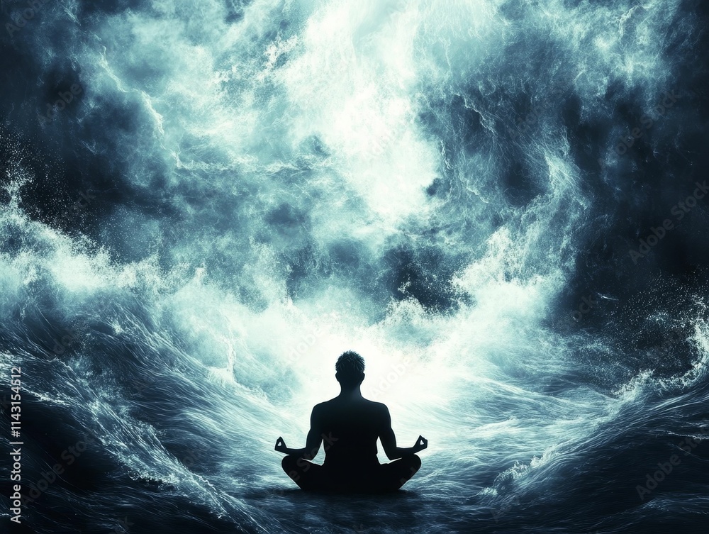 Silhouette meditates amidst turbulent, blue waters. Silhouette meditates amidst turbulent, blue waters.