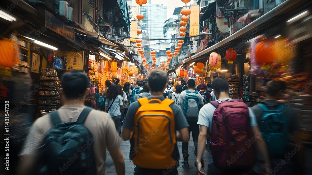 A team of four racing through a bustling Asian marketplace weaving through crowds with backpacks and determination. A team of four racing through a bustling Asian marketplace weaving through crowds with backpacks and determination.