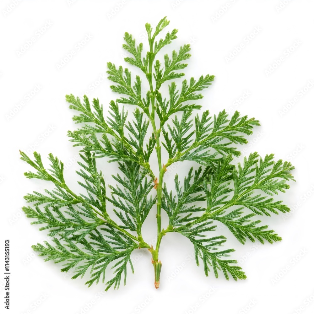 Close up of a vibrant green arborvitae branch, showcasing its delicate foliage against a clean white backdrop Close up of a vibrant green arborvitae branch, showcasing its delicate foliage against a clean white backdrop