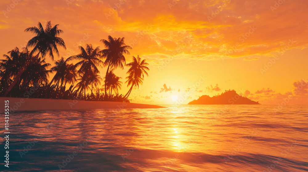a tropical island at sunset, featuring a glowing orange sky, silhouettes of palm trees, and gentle waves sparkling in the distance, evoking a serene and idyllic atmosphere a tropical island at sunset, featuring a glowing orange sky, silhouettes of palm trees, and gentle waves sparkling in the distance, evoking a serene and idyllic atmosphere