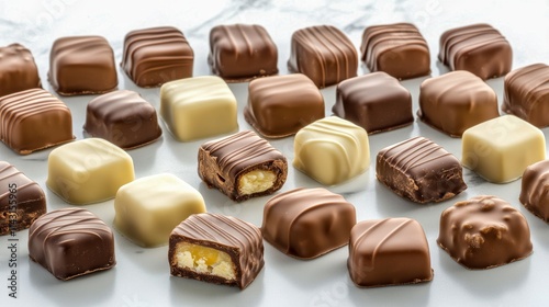 An elegant assortment of rich chocolate truffles, each variant with unique fillings and coatings, temptingly displayed on a sleek surface awaiting enjoyment.