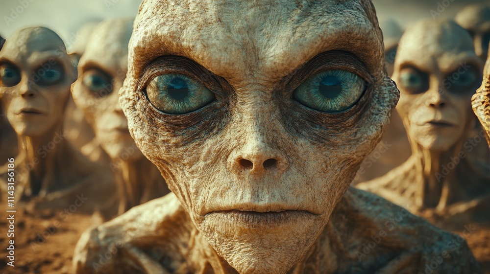 A group of aliens with blue eyes and a pale face A group of aliens with blue eyes and a pale face