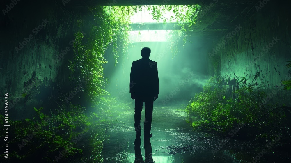 A man is walking through a tunnel with green plants A man is walking through a tunnel with green plants