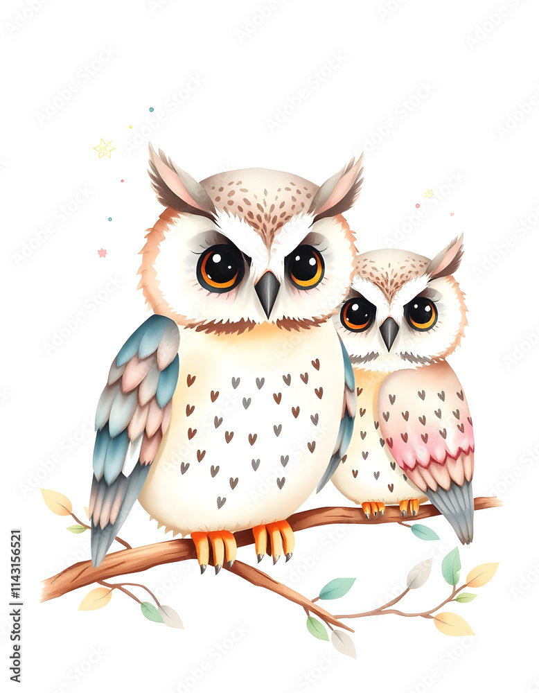 Naklejka premium Watercolor cute boho owls. Watercolor owl. Watercolor forest baby animal print, one line art, with white tones