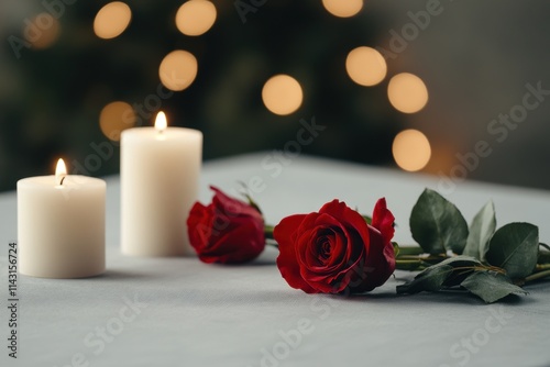 romantic dinner setting, a romantically decorated st valentines day table with red roses and candlelight, offering a cozy winter feel photo