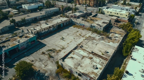 A wide aerial shot of a sprawling LA ghetto with worn-down apartment buildings alleys and overgrown vacant lots.