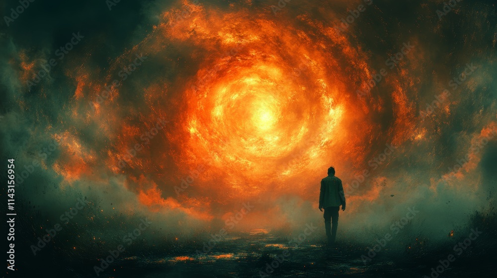 A man is walking through a fiery, glowing, and dark landscape A man is walking through a fiery, glowing, and dark landscape
