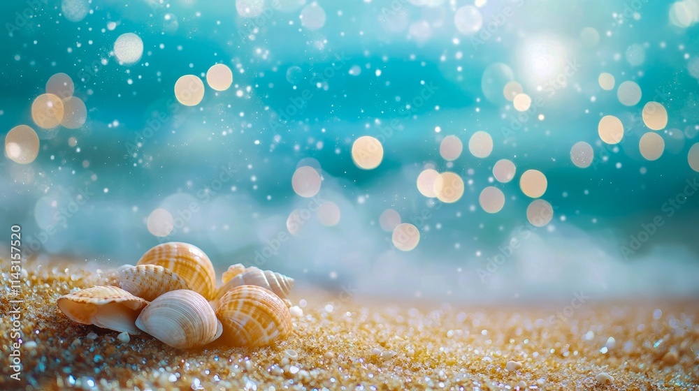 A serene beachscape featuring delicate seashells resting on shimmering sand, with bokeh lights in the background, evoking tranquility and seaside beauty. A serene beachscape featuring delicate seashells resting on shimmering sand, with bokeh lights in the background, evoking tranquility and seaside beauty.