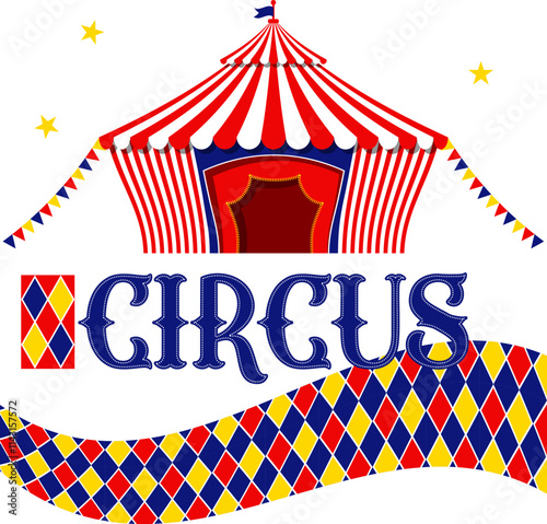 red and white striped circus, text, circus sign and associated seamless pattern with same color palette
