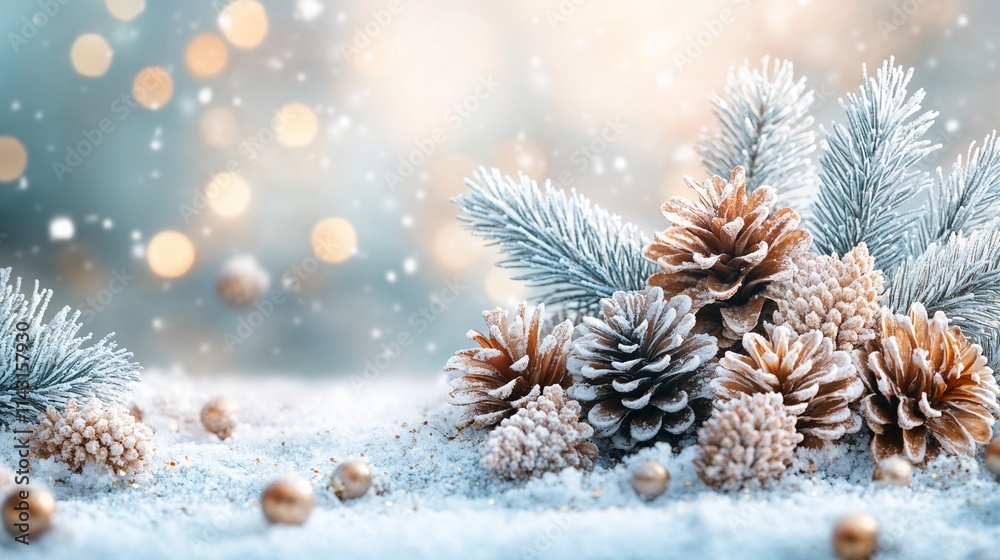 New year banner with snow and pine cones. Empty space for text. New year banner with snow and pine cones. Empty space for text.