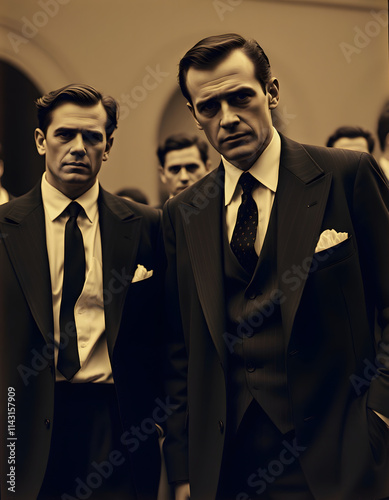 old photo of men in suits, dramatic, with white tones