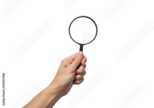 hand holding a magnifying glass on transparent background, png